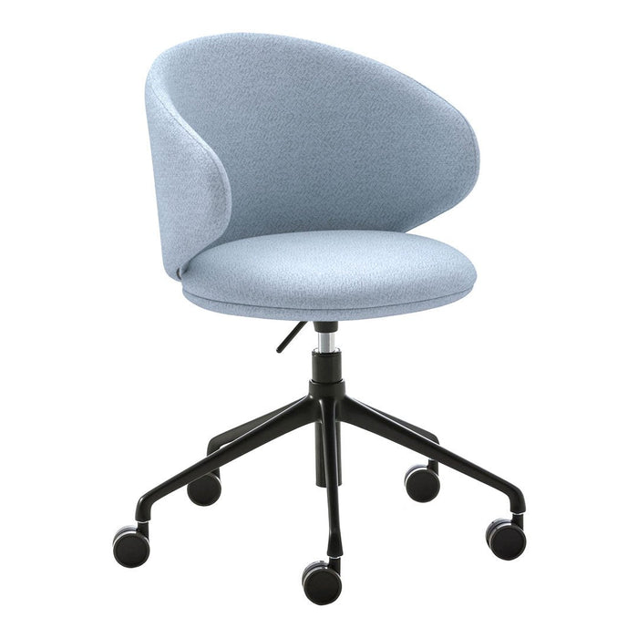 Light blue upholstered office chair with rounded backrest and black wheeled base. Perfect for stylish workspace decor.