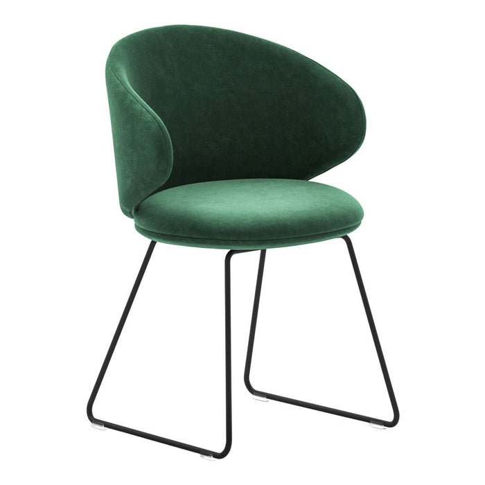 Emerald green velvet chair with a sleek, minimalist black metal frame and smooth, modern curves.