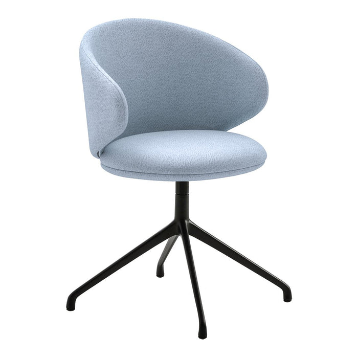 Light blue upholstered chair with a curved backrest and black tripod base, featuring a smooth fabric texture.