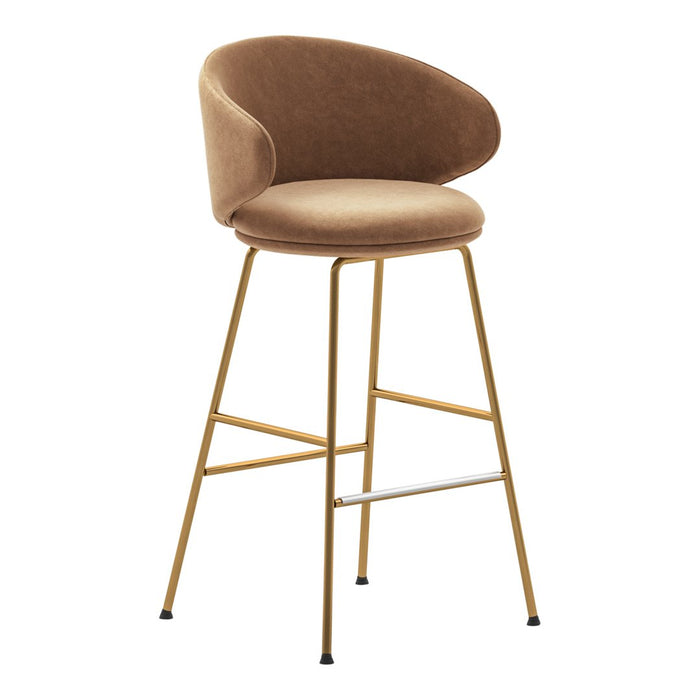 Brown velvet bar stool with a gold metal frame and minimalist design, perfect for modern decor.