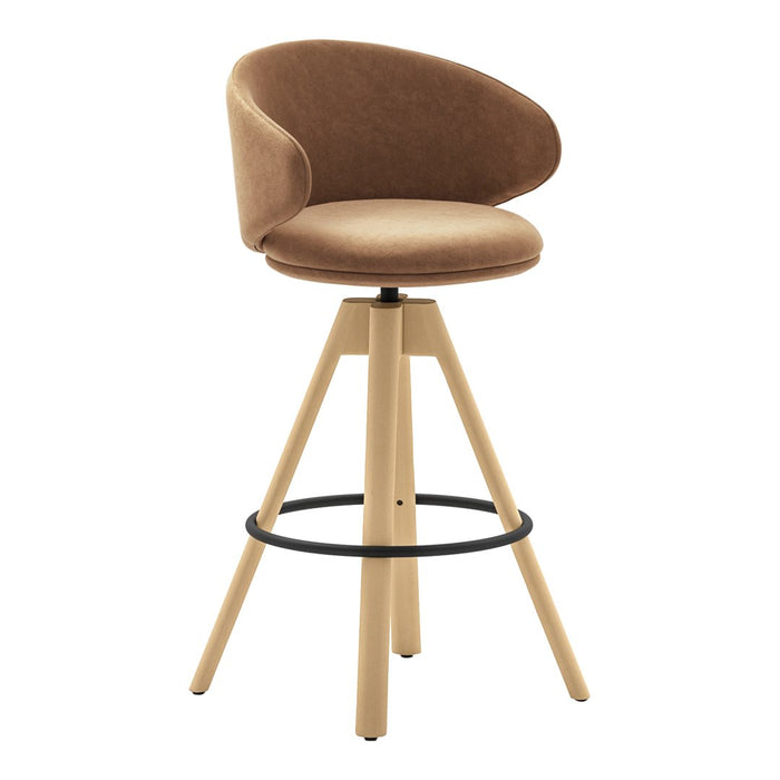 Brown upholstered bar stool with a curved back, featuring natural wood legs and a black footrest.