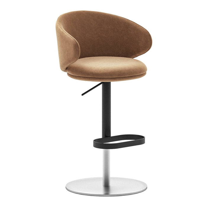 Brown upholstered bar stool with a sleek black base and silver circular footrest, featuring a smooth, minimalistic design.