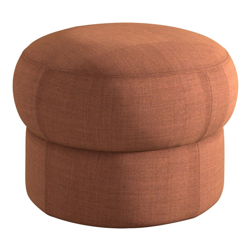 Rust orange textured pouf with a round shape and subtle stitching details. Perfect for modern decor accents.