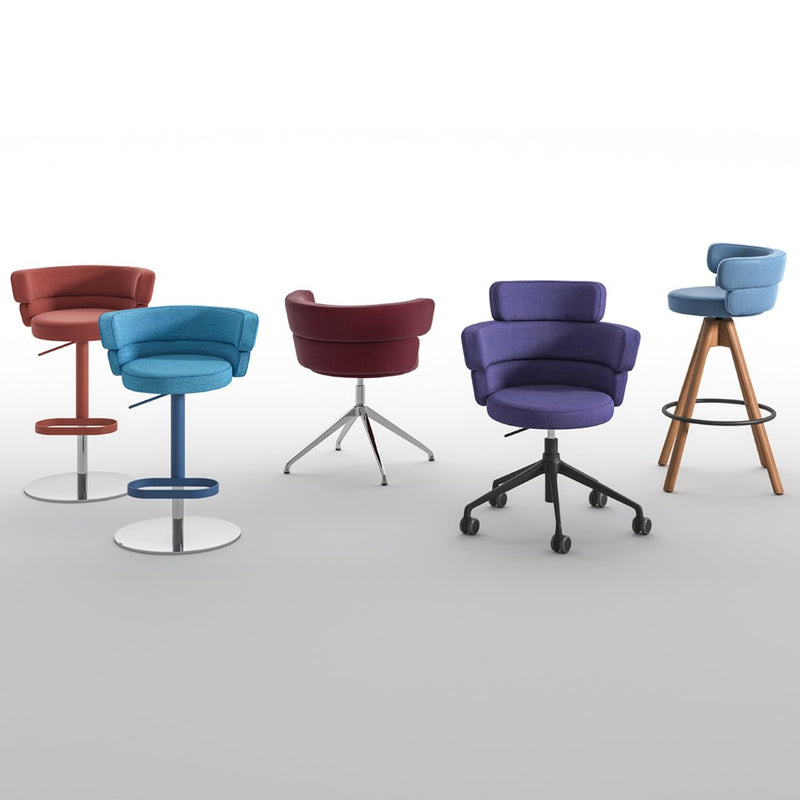 Colorful modern bar stools in vibrant shades of blue, purple, burgundy, and a natural wooden finish. Stylish and versatile.
