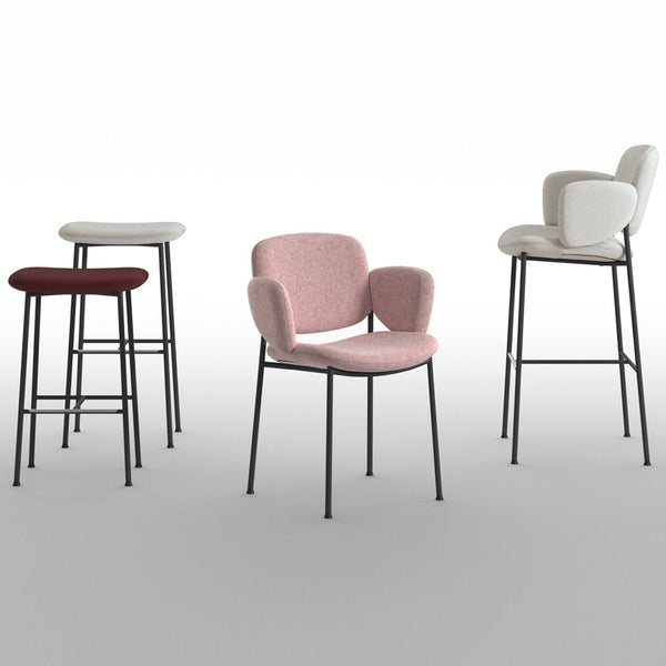 Set of four stylish bar stools featuring pink, white, and burgundy padded seats with sleek black legs.