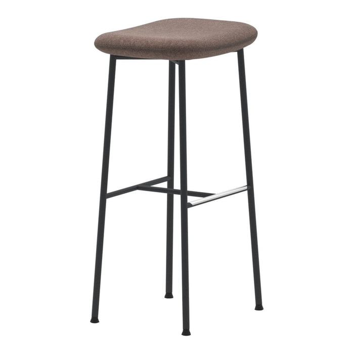 Brown upholstered bar stool with a sleek black metal frame, featuring a smooth, rounded seat design.