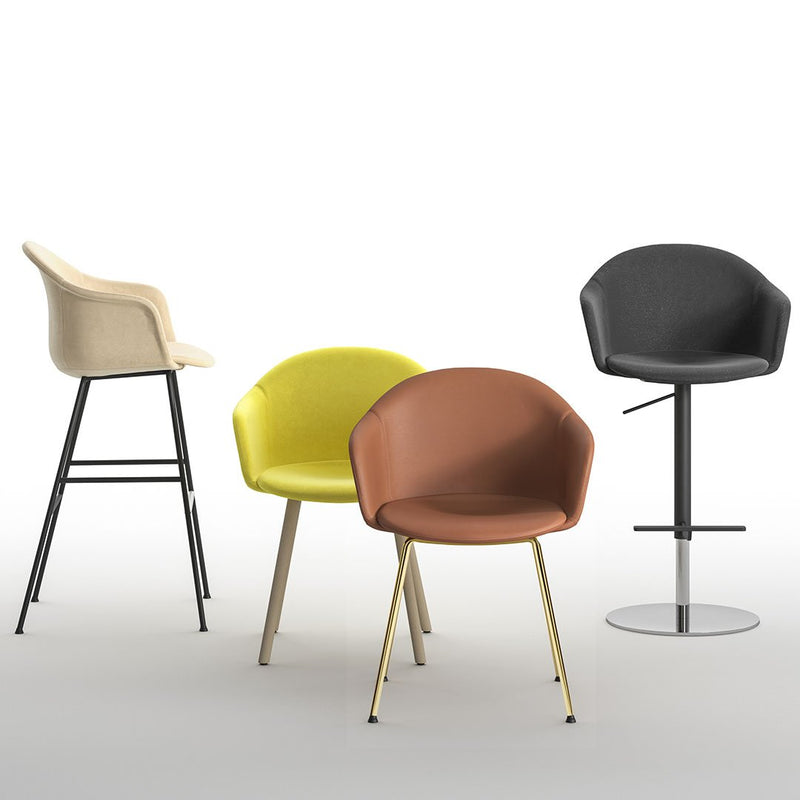 Colorful chair collection featuring beige, yellow, brown, and black upholstery with various leg styles.