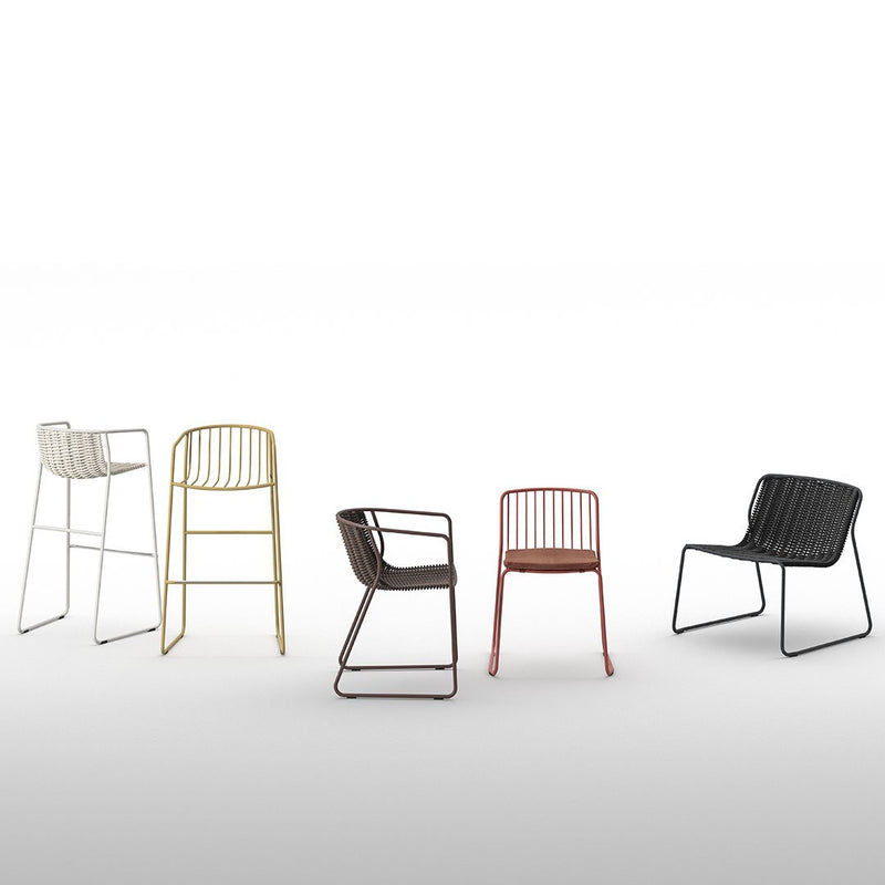 "Set of modern chairs in cream, gold, brown, black, and rust colors with sleek metal designs and minimalistic patterns."