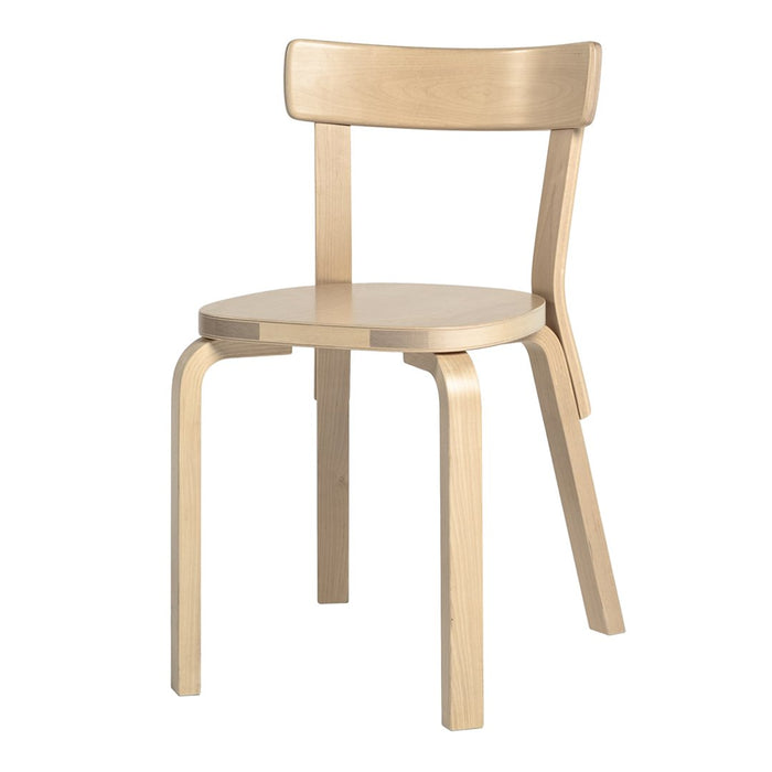 Natural wood chair with a smooth finish and minimalist design, featuring light beige tones and clean lines.