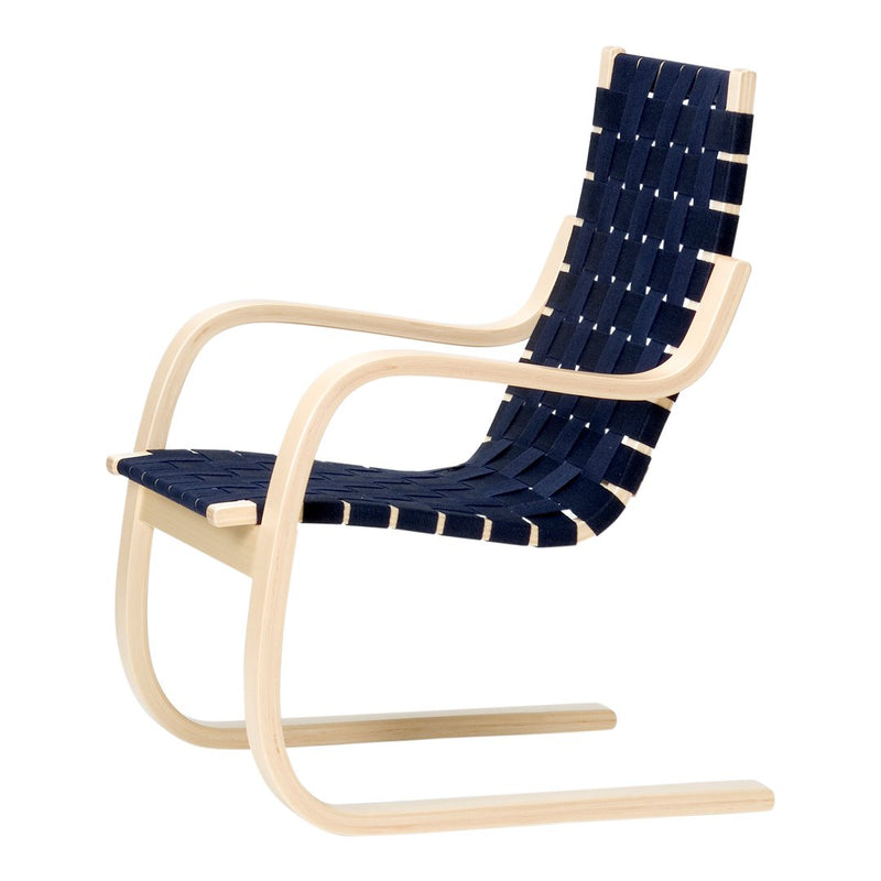 Navy blue woven seat with white wooden frame, featuring a modern, minimalist design. Ideal for stylish seating.
