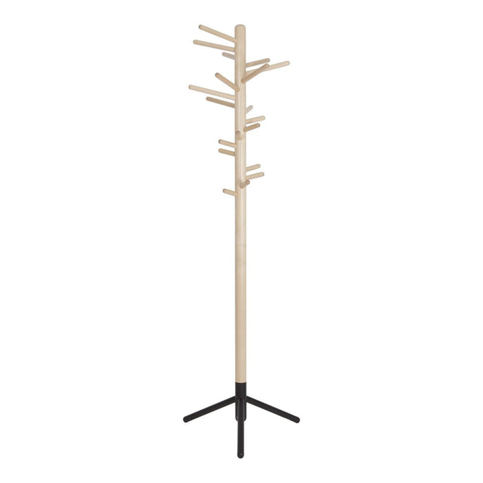Natural wood coat rack with black metal base, featuring minimalist design and sleek, straight lines.