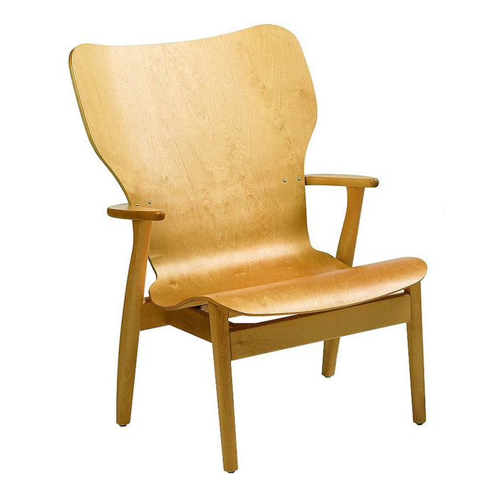 Light wood armchair with a smooth, curved back and minimalist design, showcasing a natural finish.