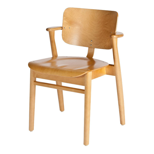 Natural wood armchair with a smooth, light tan finish and minimalist design.