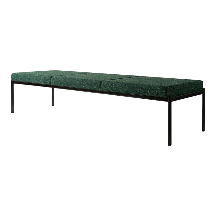 Green upholstered bench with a sleek black metal frame. Simple, modern design with a textured fabric finish.