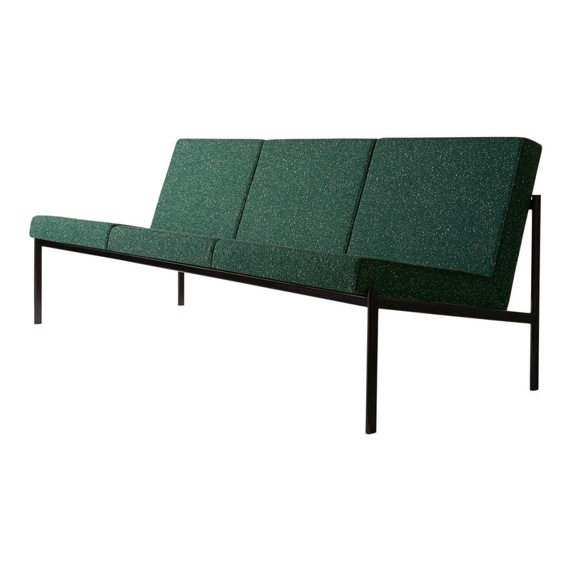 Modern green upholstered sofa with a textured pattern and sleek black metal frame. Elegant and minimalist design.