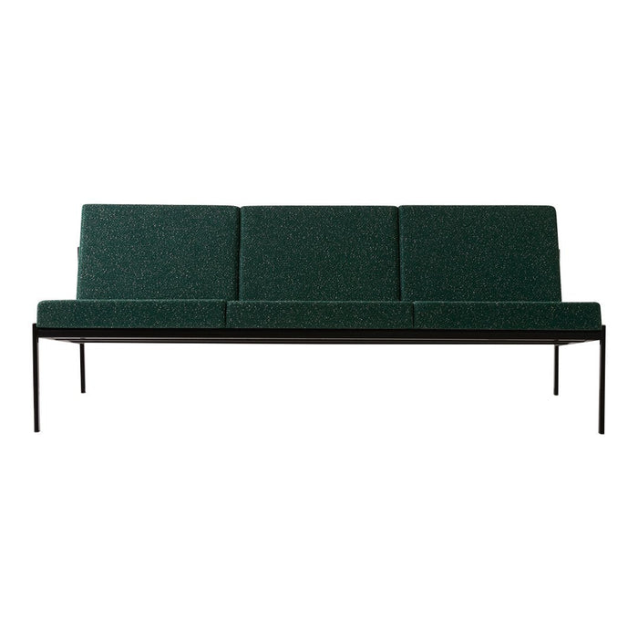 Green upholstered sofa with a sleek black metal frame, featuring a textured minimalist design. Perfect for modern decor.