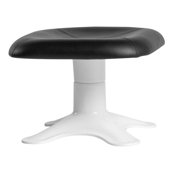 Black cushioned stool with a smooth leather finish and a sleek white base. Modern design in contrasting colors.