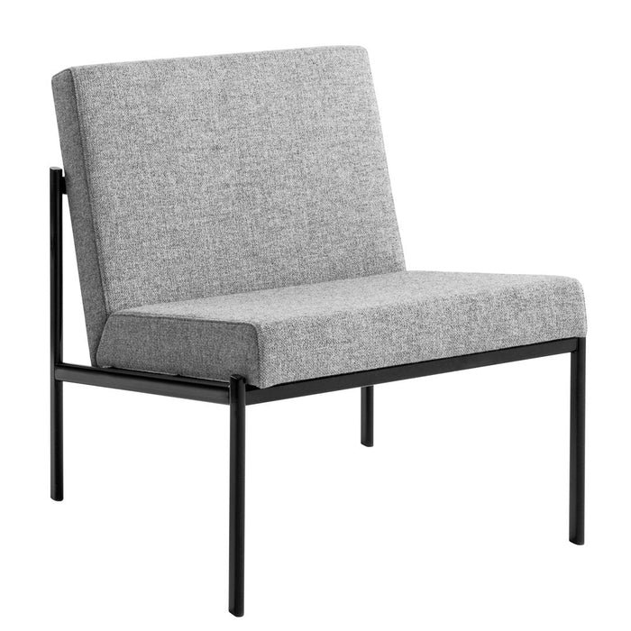 Gray fabric chair with a minimalist black metal frame, perfect for modern living spaces.