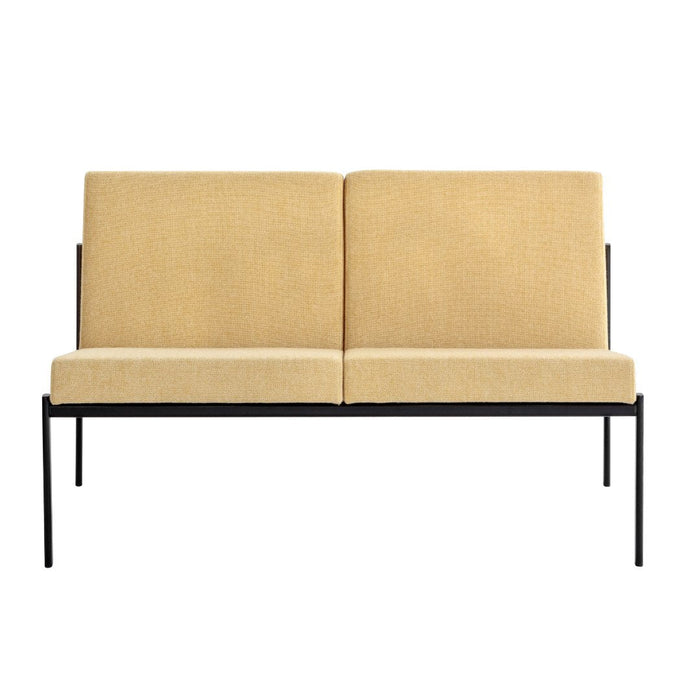 Modern two-seat sofa with a sleek black metal frame and soft beige fabric upholstery for a contemporary touch.