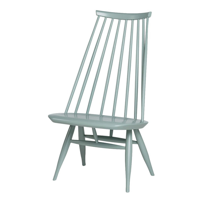 Light mint green high-back chair with sleek, minimalist design and open vertical slats. Ideal for modern decor.