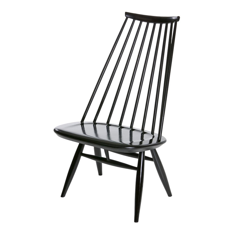 "Elegant black wooden chair with vertical slat back and smooth, curvy seat design."
