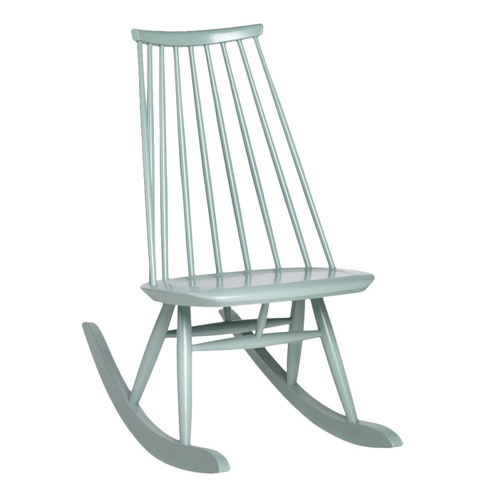 Light blue wooden rocking chair with a minimalist design and vertical slats. Perfect for modern interiors.