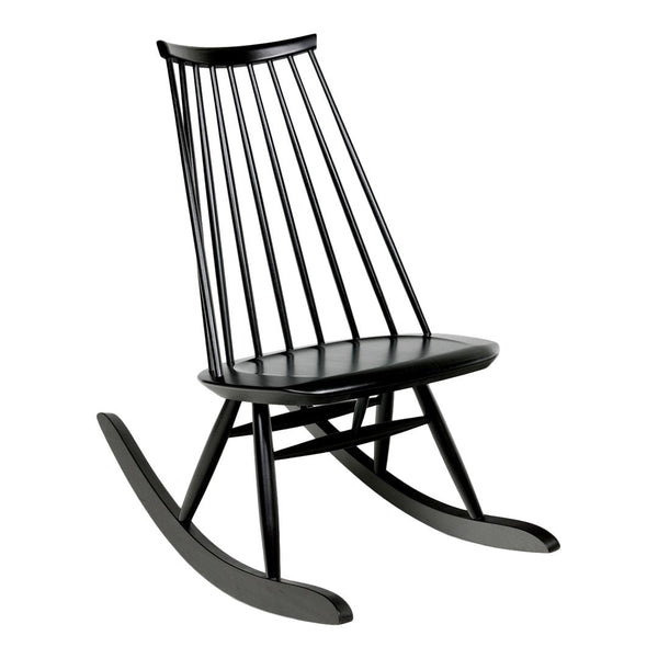 Black wooden rocking chair with sleek lines and a minimalist design. Perfect for modern interiors.