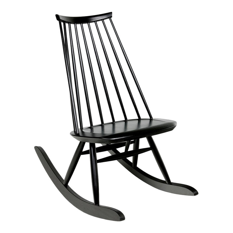 Black wooden rocking chair with sleek lines and a minimalist design. Perfect for modern interiors.