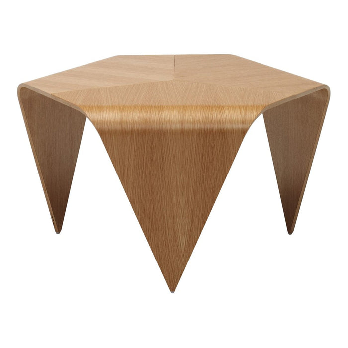 Hexagonal wooden table with a smooth light oak finish and clean, modern lines.