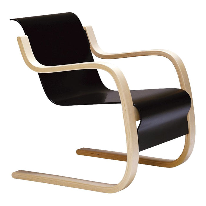 Modern chair featuring a sleek black finish with a curved, natural wood frame. Minimalist and elegant design.