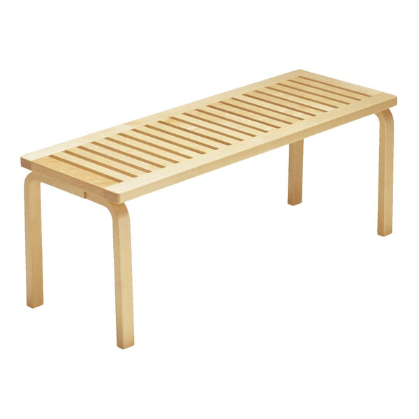 Light natural wood bench with horizontal slat pattern, featuring a sleek minimalist design. Perfect for any decor.