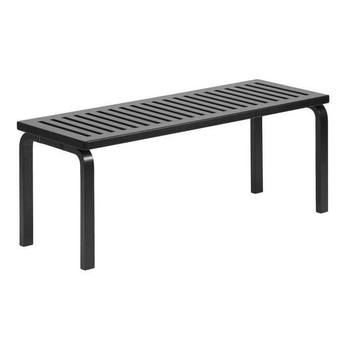 Black slatted bench with a sleek, modern design and sturdy metal frame, perfect for contemporary outdoor spaces.