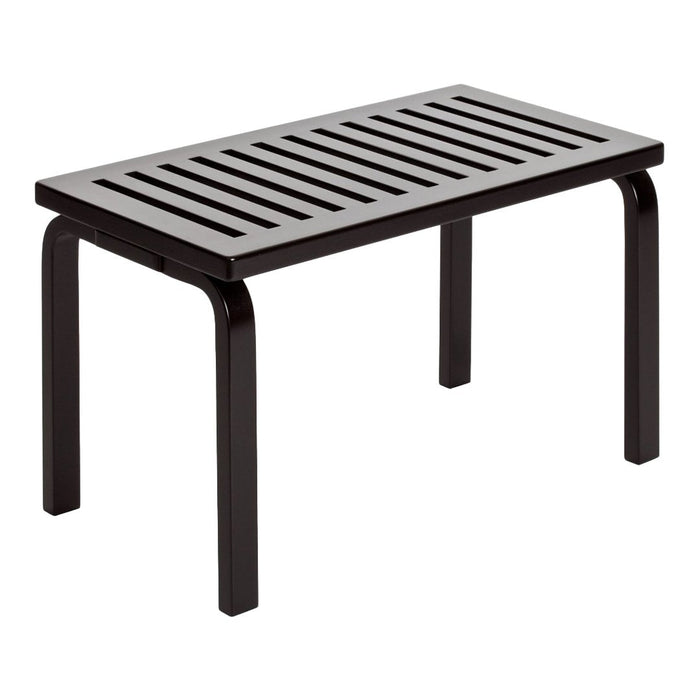 Black slatted bench with a sleek design and sturdy legs, perfect for outdoor or indoor use.