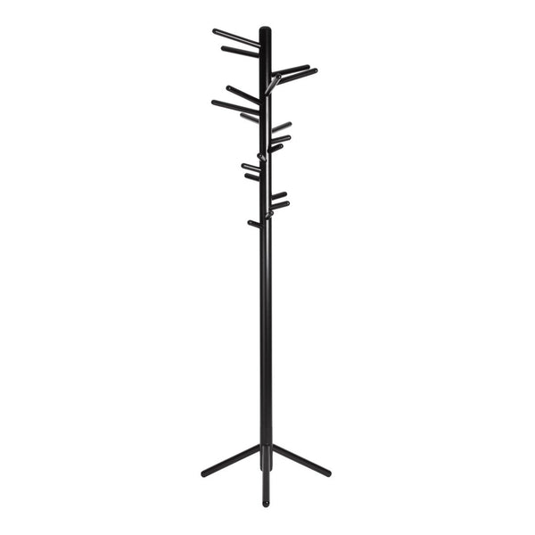 Minimalist black coat rack with sleek, contemporary design and multiple hooks for efficient storage.