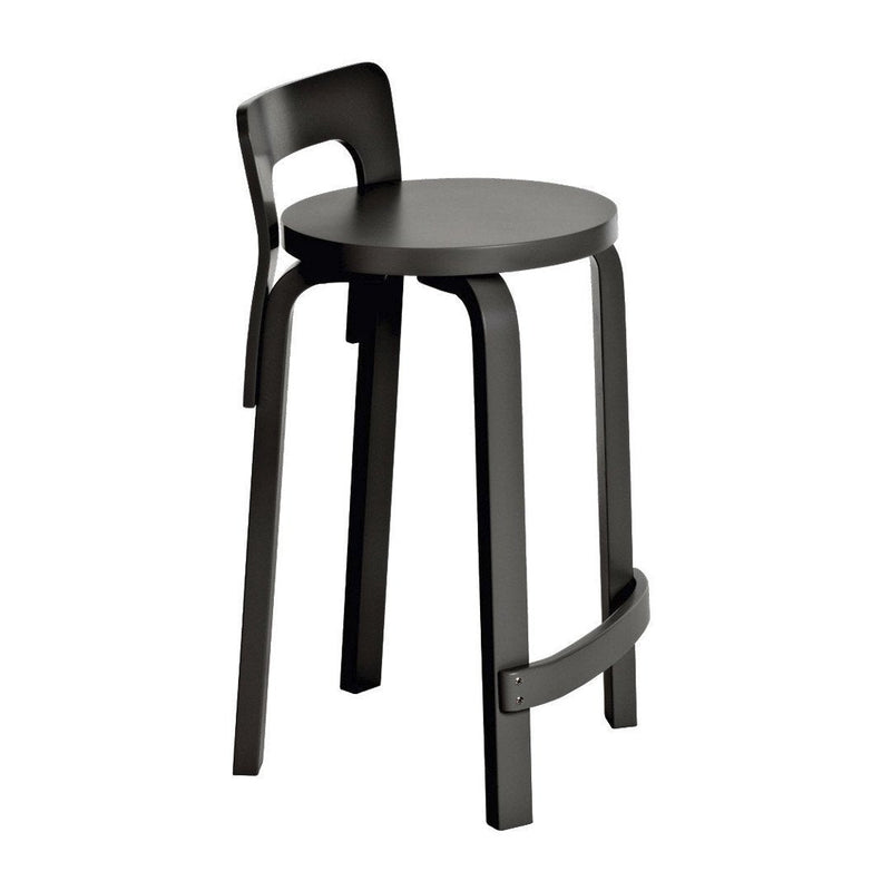 Black modern bar stool with a sleek design and smooth finish, featuring minimalist lines and curved backrest.