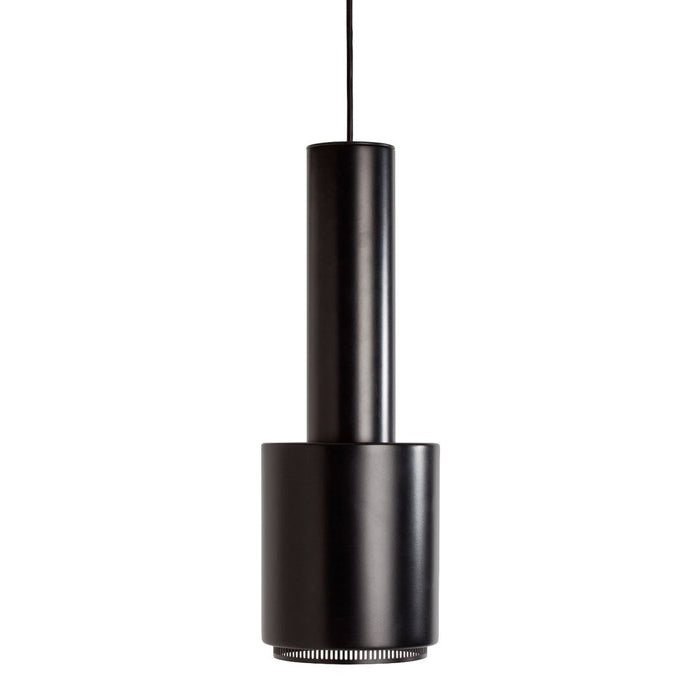 Black cylindrical pendant light with a sleek, modern design and matte finish, perfect for contemporary decor.