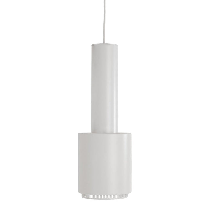 Modern white pendant lamp with a sleek cylindrical design and matte finish, ideal for contemporary indoor spaces.