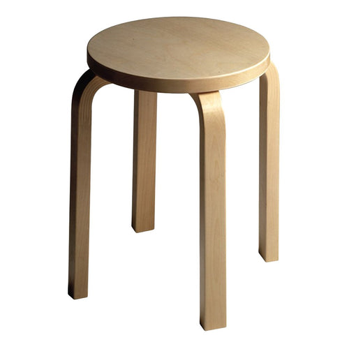 Natural wood stool with a smooth, round top and curved legs, featuring a minimalist design in light beige tones.