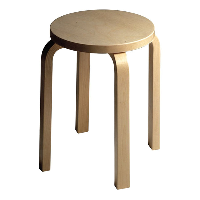 Natural wood stool with a smooth, round top and curved legs, featuring a minimalist design in light beige tones.