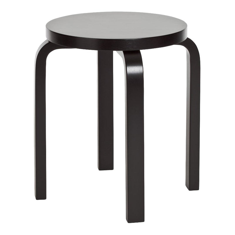 Modern black stool with a sleek, round top and minimalist design, showcasing smooth curves and clean lines.