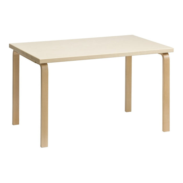 Light beige rectangular table with natural wood legs, featuring a smooth, solid surface and minimalist design.