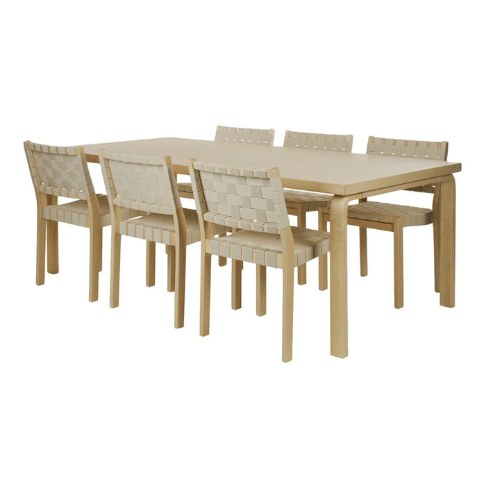 Light beige table with six matching chairs featuring a textured, woven pattern. Perfect for modern dining spaces.