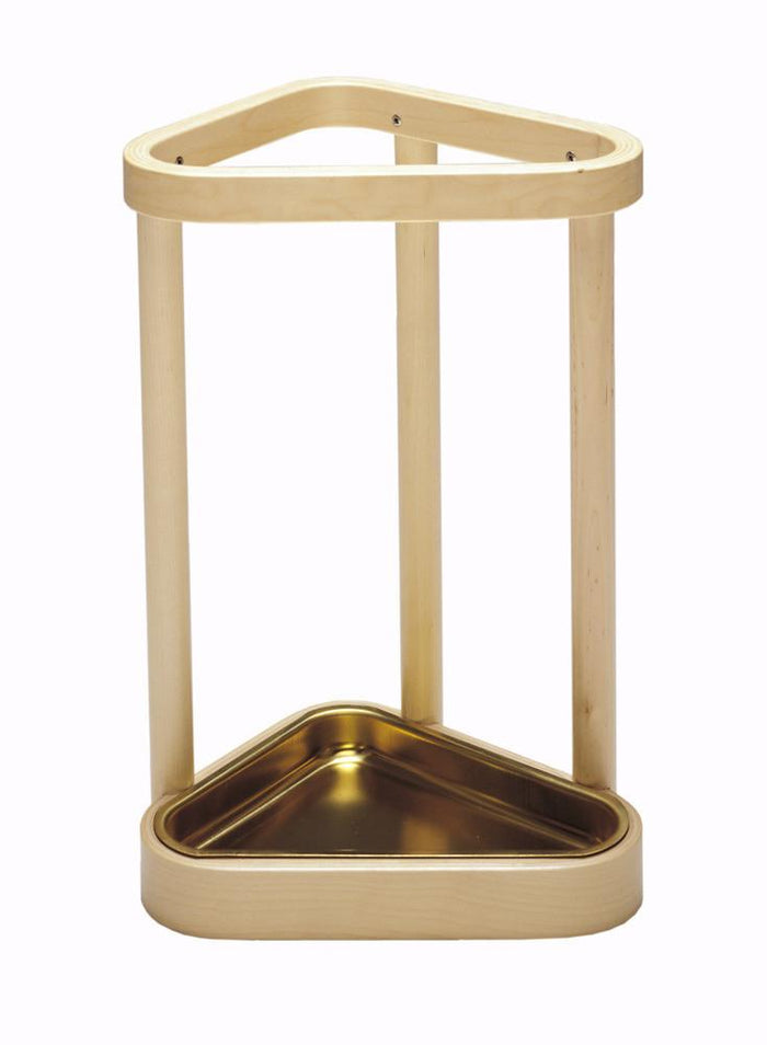 Modern wooden triangle plant stand with natural beige tones and a glossy gold base panel. Ideal for stylish home decor.