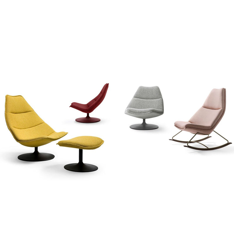 Colorful lounge chairs in yellow, red, gray, and pink with smooth, modern patterns and unique designs.
