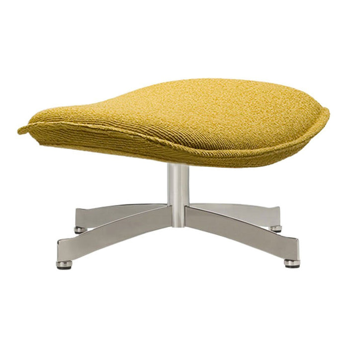 Yellow patterned ottoman with a curved seat and silver base, perfect for modern decor and comfort.