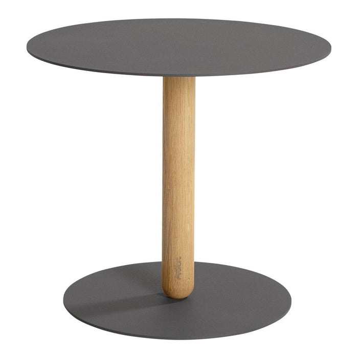 Round table with a sleek gray metal surface and a natural wood pedestal in the center, showcasing a modern design.