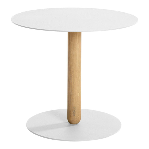 Round white table with a smooth surface and a natural wood grain base, minimalist design and modern aesthetic.