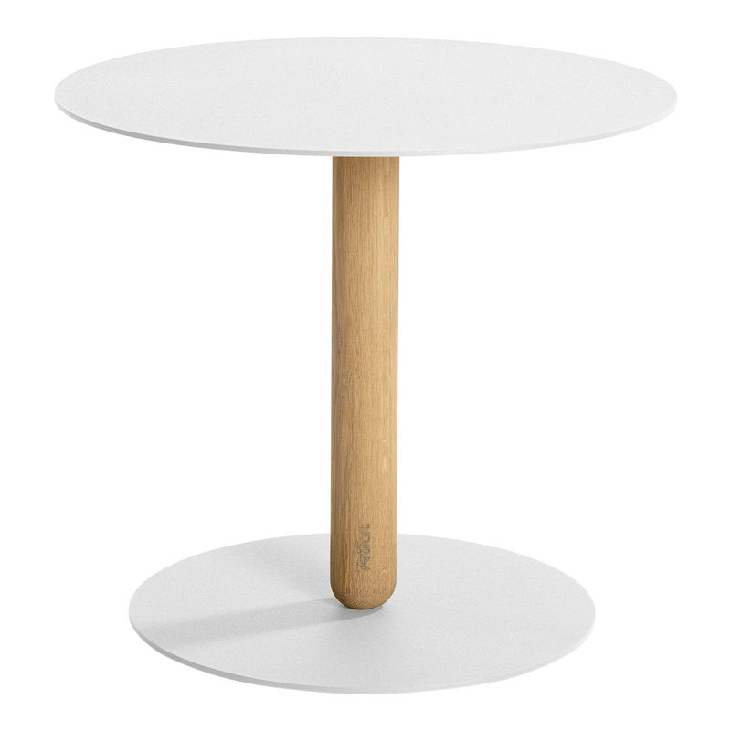 Round white table with a smooth surface and a natural wood grain base, minimalist design and modern aesthetic.