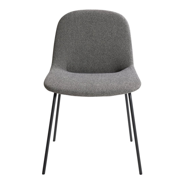 Stylish gray upholstered chair with smooth contours and black metal legs, perfect for modern decor.