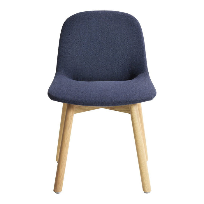 Gray upholstered chair with a smooth finish and natural wooden legs, perfect for modern decor.